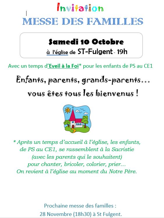 Messe des familles à St Fulgent, samedi 10 octobre !
